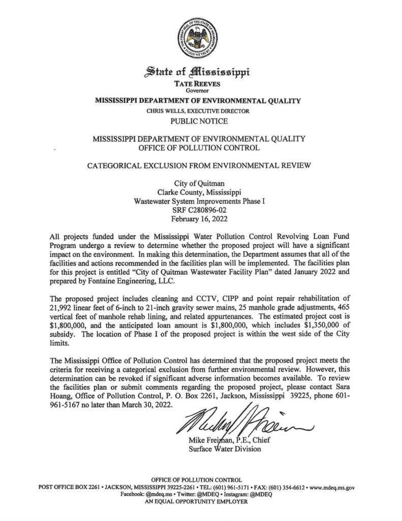 Water & Sewer Department Quitman, Mississippi