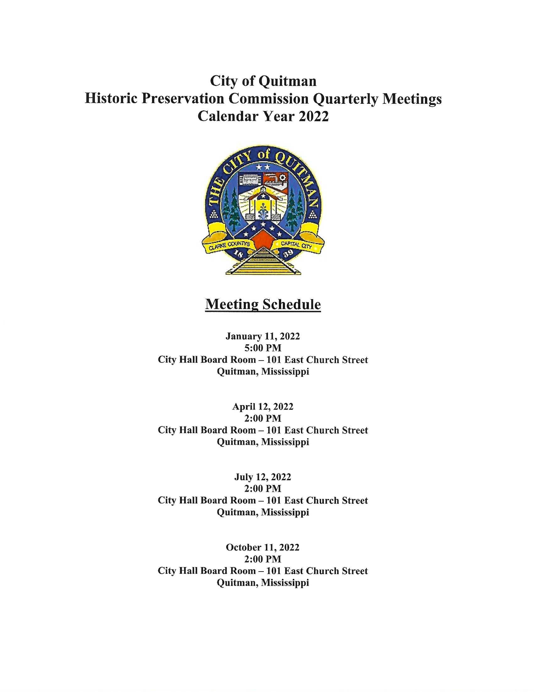 City of Quitman Historic Preservation Meeting Schedule