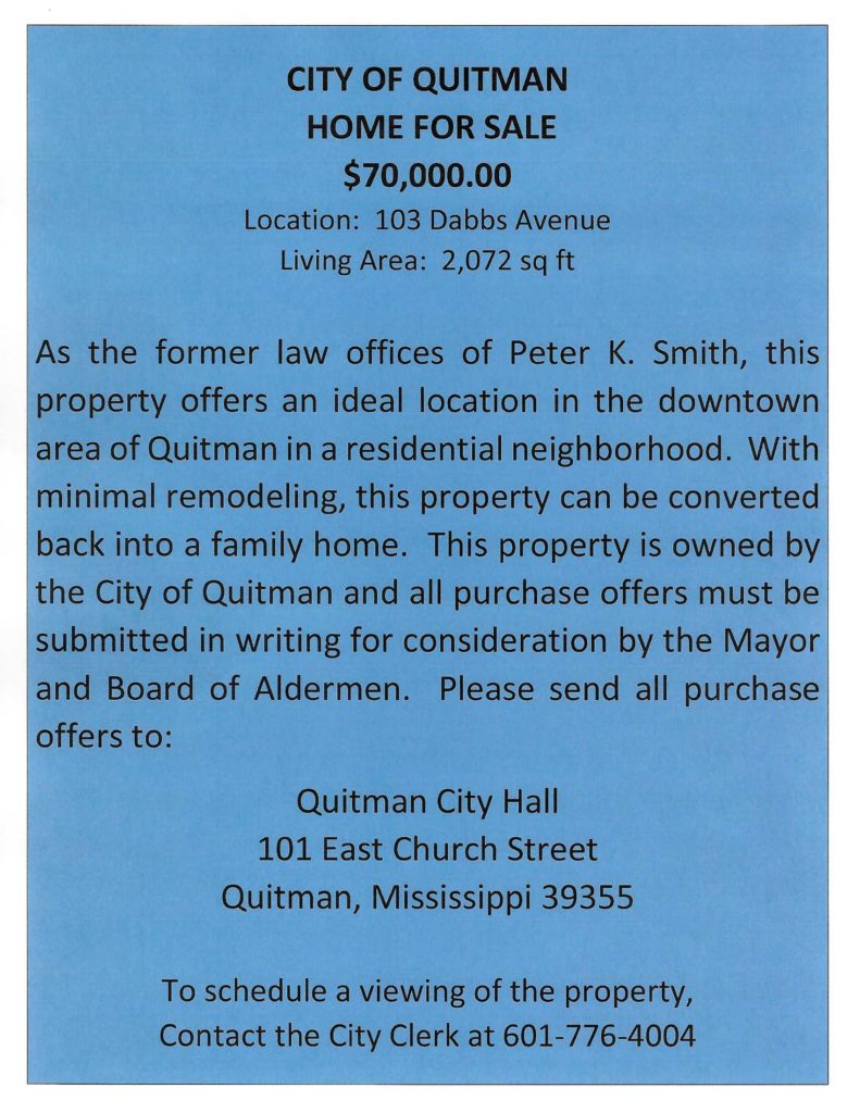 to The City of Quitman Quitman, Mississippi