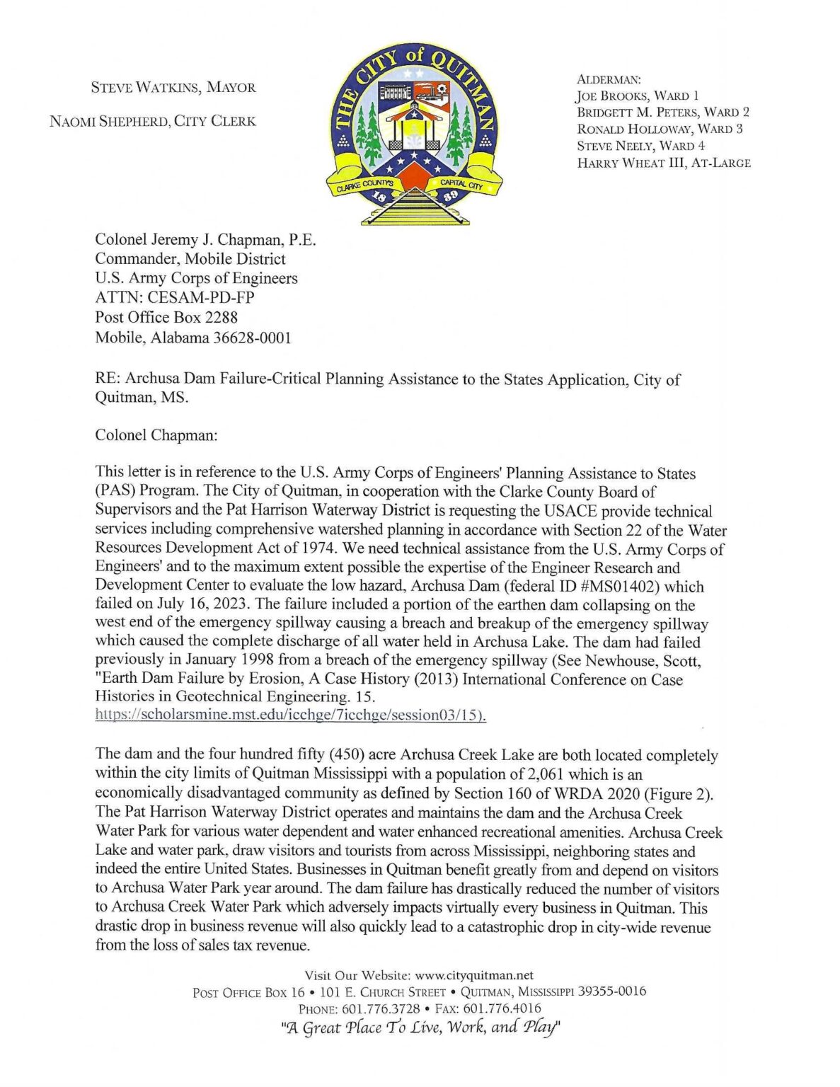 to The City of Quitman Quitman, Mississippi