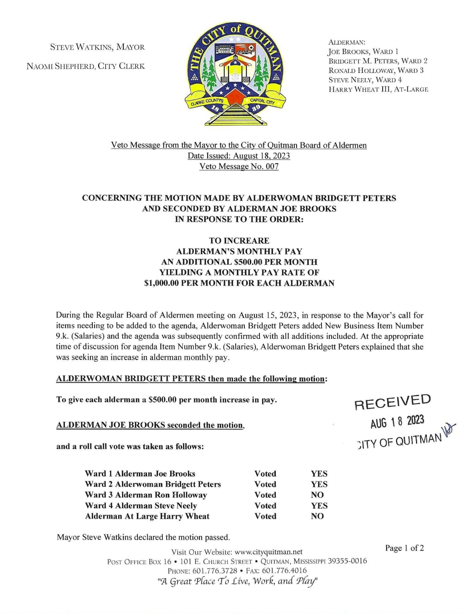 to The City of Quitman Quitman, Mississippi